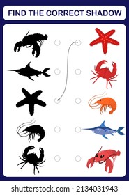 Un juego educativo infantil llamado "encontrar la sombra adecuada" con los habitantes del mar. Ilustración del vector