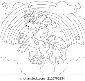 
children's educational game. coloring. unicorn in clouds and rainbow.