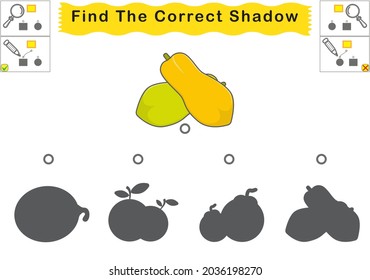Children's educational game, find the correct silhouette of the shadow. Fruit set the game to find the right shadow. Vector illustration. A visual game suitable for kindergarten or elementary school.