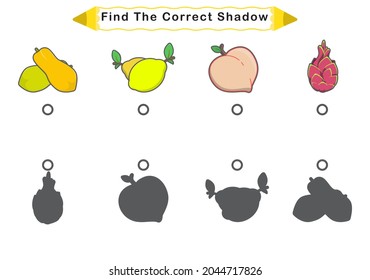 Children's educational game, find correct shadow silhouette. Fruit set the game to find the right shade. Vector illustration