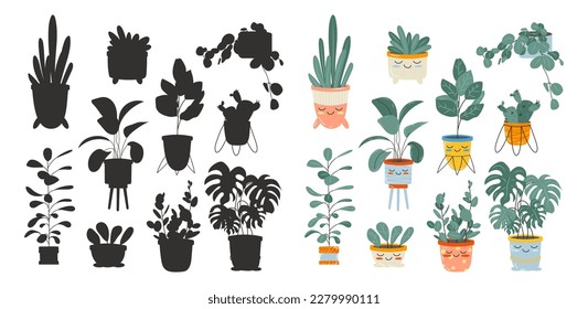 Childrens educational game, find correct shadow silhouette. Indoor plants and black silhouettes of flowers. Cute kawaii plants. Vector stock illustration isolated on white background.