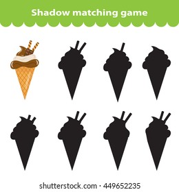Children's educational game, find correct shadow silhouette. Sweets, ice cream, set the game to find the right shade. Vector illustration