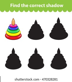 Children's educational game, find correct shadow silhouette. Toy pyramid, set the game to find the right shade. Vector illustration