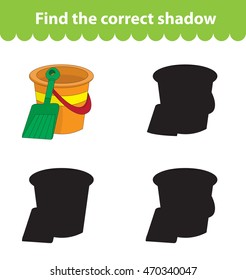 Children's educational game, find correct shadow silhouette. Toy bucket and shovel, set the game to find the right shade. Vector illustration