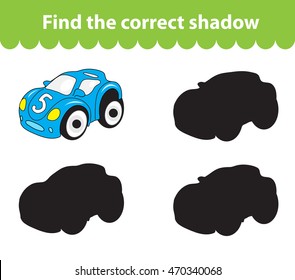 Children's educational game, find correct shadow silhouette. Toy car, set the game to find the right shade. Vector illustration