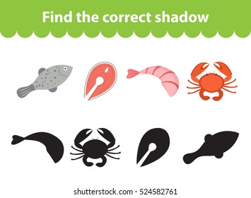 Children's educational game, find correct shadow silhouette. Seafood set the game to find the right shade. Vector illustration