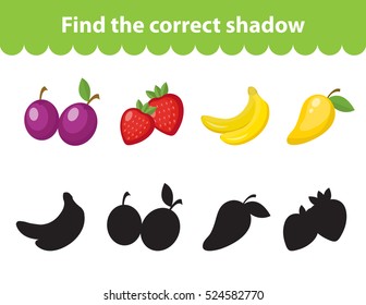 Children's educational game, find correct shadow silhouette. Fruit set the game to find the right shade. Vector illustration