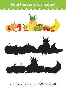 Children's educational game, find correct shadow silhouette. Fruit set the game to find the right shade. Vector illustration