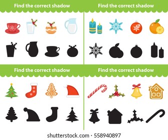 Childrens educational game, find correct shadow silhouette. Items for find the right shade. Vector illustration