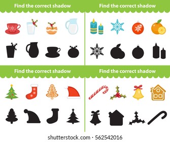 Childrens educational game, find correct shadow silhouette. Items for find the right shade. Vector illustration