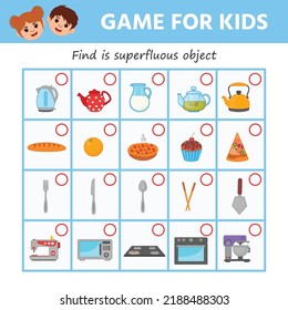 Children's educational game. Find the extra picture. Kitchen utensils, household items. Vector illustration. Sheet for printing. The development of logic in preschool children