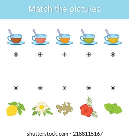 Children's educational game. Find a match with the pictures. Tea in a mug of chamomile, mint, ginger, lemon, hibiscus. Vector illustration.  The development of logic in preschool children
