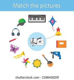Children's educational game. Find a match with the pictures. Musical instruments. Vector illustration. Sheet for printing. The development of logic in preschool children