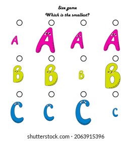 Juego educativo infantil. Buscar el elemento más pequeño. Un juego de tamaño. Para niños en edad preescolar. Ilustración vectorial de dibujos animados. Bonitas cartas ABC