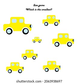 Children's educational game. Find the smallest item. A game of size. For preschool children. Cartoon vector illustration. Cute car