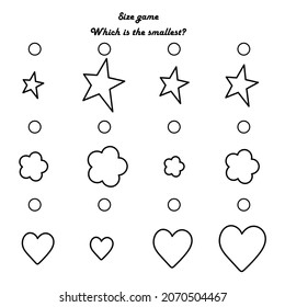 Children's educational game. Find the smallest object. Size game. For preschool children. Cartoon vector illustration. Star, flower. heart.