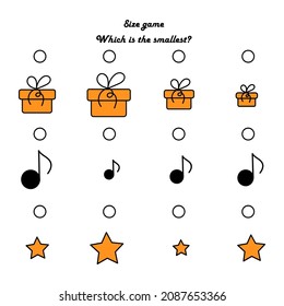 Juego educativo infantil. Buscar el objeto más pequeño. Juego de tamaño. Para niños en edad preescolar. Ilustración vectorial de dibujos animados. Caja de regalo, notas musicales, estrellas