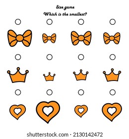 Children's educational game. Find the smallest object. Size game. For preschool children. Cartoon vector illustration.