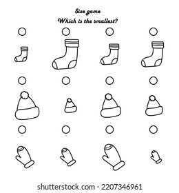 Erziehungsspiel für Kinder. Finden Sie das kleinste Objekt. Größtes Spiel. Für Vorschulkinder. Cartoon, Vektorgrafik.