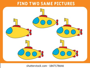 Children's educational game. Find two identical pictures. Funny little submarine, find two identical pictures for the game. Vector illustration.