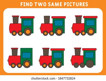 Children's educational game. Find two identical pictures. Funny little train, find two identical pictures for the game. Vector illustration.