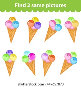 Children's educational game. Find two same pictures. Set of ice cream for the game find two same pictures. Vector illustration.