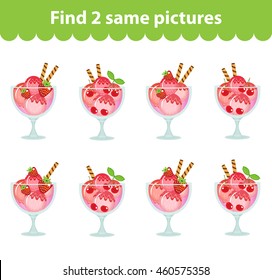 Children's educational game. Find two same pictures. Set of ice cream dessert for the game find two same pictures. Vector illustration.