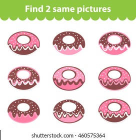 Children's educational game. Find two same pictures. Set of donuts for the game find two same pictures. Vector illustration.