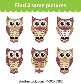 Children's educational game. Find two same pictures. Set of owl for the game find two same pictures. Vector illustration.