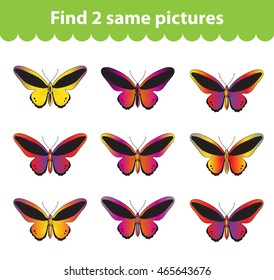 Children's educational game. Find two same pictures. Set of butterflies for the game find two same pictures. Vector illustration.