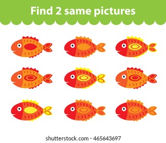 Children's educational game. Find two same pictures. Set of fish for the game find two same pictures. Vector illustration.