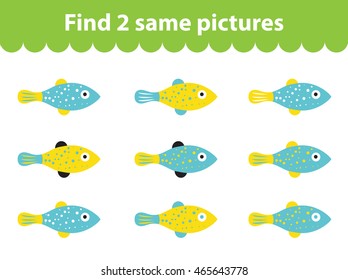 Children's educational game. Find two same pictures. Set of fish for the game find two same pictures. Vector illustration.