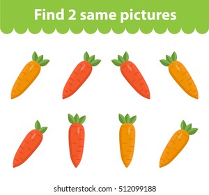Children's educational game. Find two same pictures. Set of carrots for the game find two same pictures. Vector illustration.
