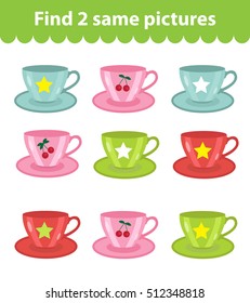 Children's educational game. Find two same pictures. Set of cups, for the game find two same pictures. Vector illustration.