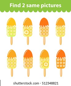 Children's educational game. Find two same pictures. Set of ice cream, for the game find two same pictures. Vector illustration.