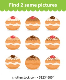 Children's educational game. Find two same pictures. Set of donuts, for the game find two same pictures. Vector illustration.