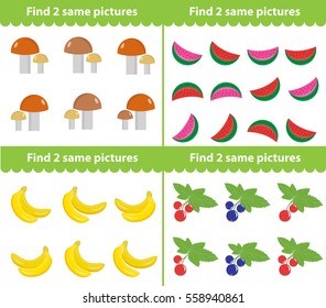 Children's educational game. Find two same pictures. Vector illustration