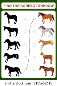 A children's educational game with horses called "find the correct shadow". Vector illustration