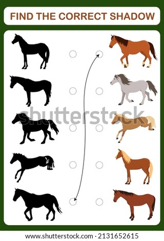 A children's educational game with horses called "find the correct shadow". Vector illustration