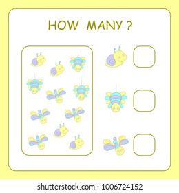 Children's educational game. How many? With cute children's drawings in yellow, purple and blue.
