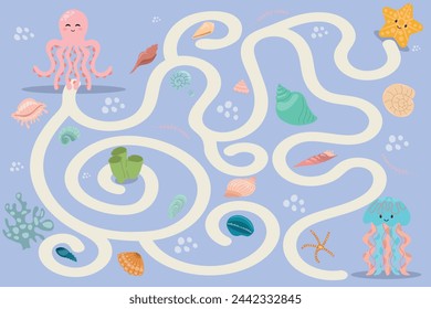 Children's educational game labyrinth. Vector game for children with a water world.