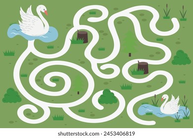 Children's educational game labyrinth. Vector game for children with a pair of cute swans