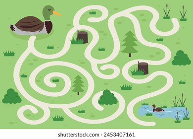 Children's educational game labyrinth. Vector game for children with cute ducks