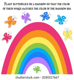 Children's educational game for the little ones to find the match of colors, butterflies and rainbow