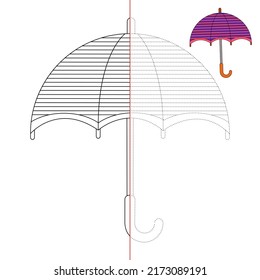children's educational game. a game of logic. handwriting training. coloring book. circle the lines by points. colored umbrellas.