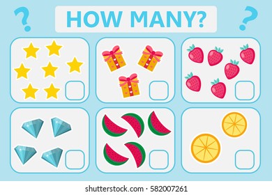 Childrens educational logic game. Mathematical task. How many. Vector illustration