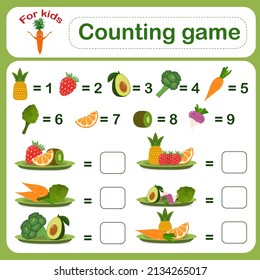 Children's educational mathematical addition game with vegetables and fruits. Vector illustration