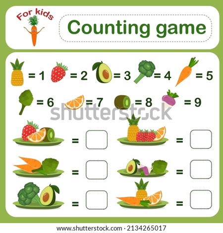 Children's educational mathematical addition game with vegetables and fruits. Vector illustration