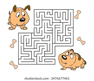 Children's educational maze with funny dogs and bones. Educational illustration for preschoolers, print, vector