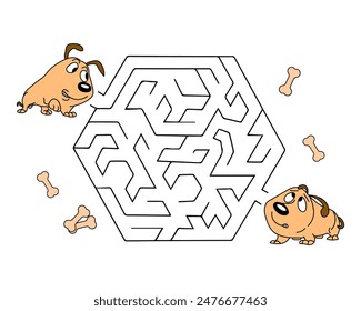 Children's educational maze with funny dogs and bones. Educational illustration for preschoolers, print, vector